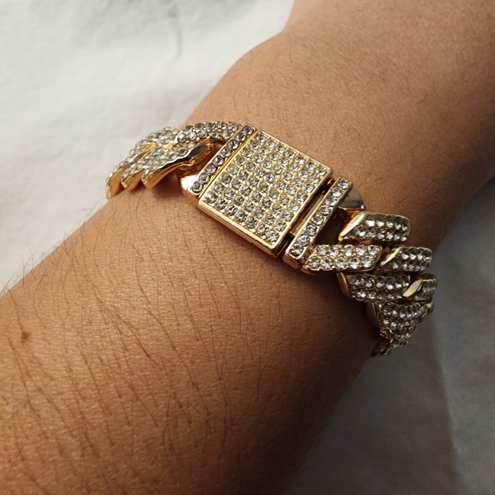 Cuban Link Chain Bracelet Gold-tone Bling CZ Rhinestone Maximalist 7 inch